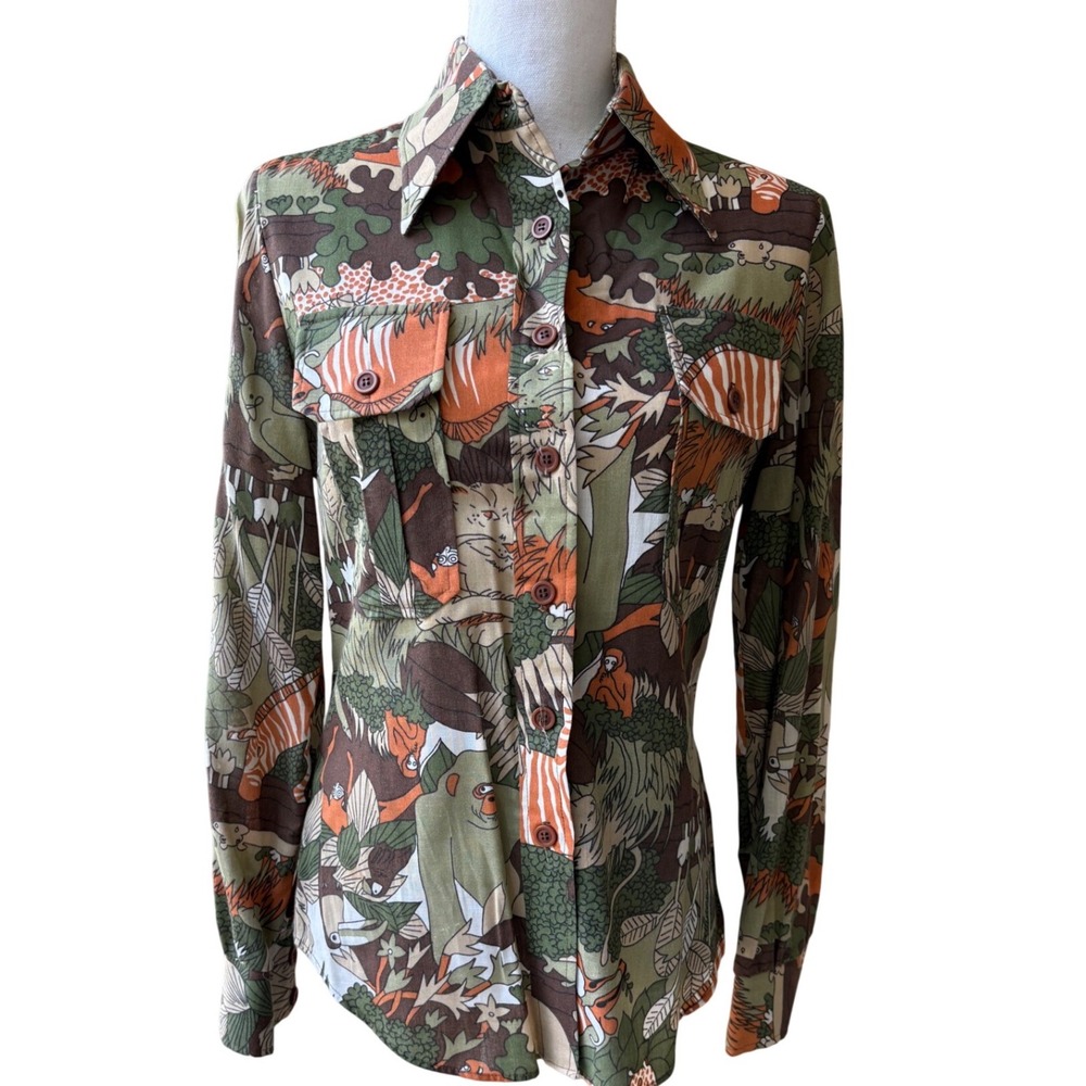 Vintage 70s Jungle Safari Animal Print Shirt Small Green Novelty